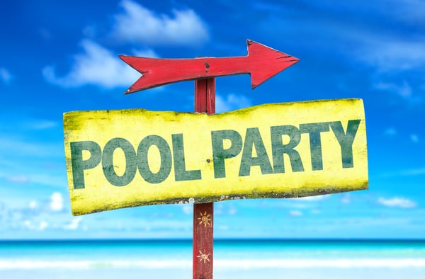 Pool Party sign with beach background